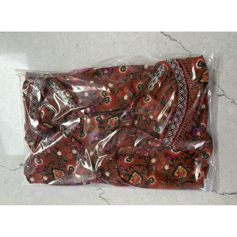 DR2 by Daniel Rainn Boho Floral Tassel Blouse M Short Sleeve Rust Pink Peasant - Picture 10 of 10